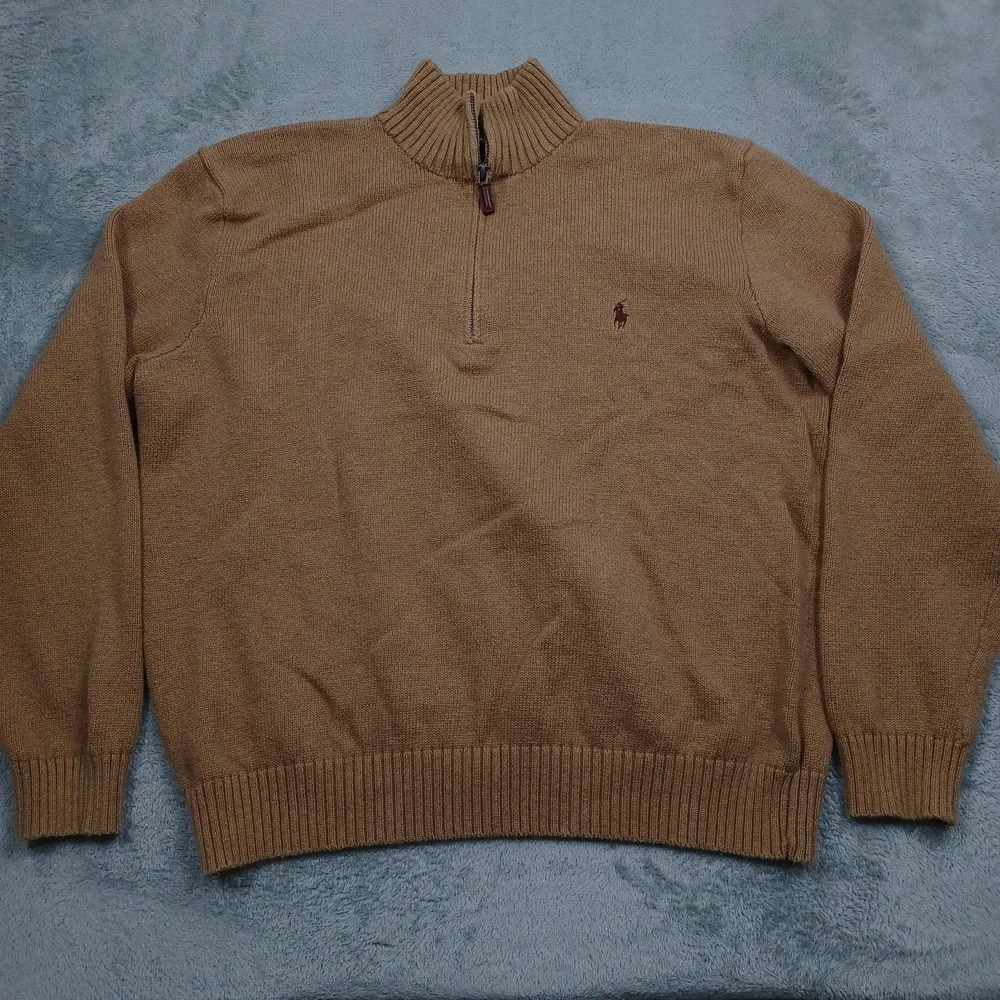 Polo Ralph Lauren Sweater Mens XL Brown Knit Pullover 1/4 Zip Preppy